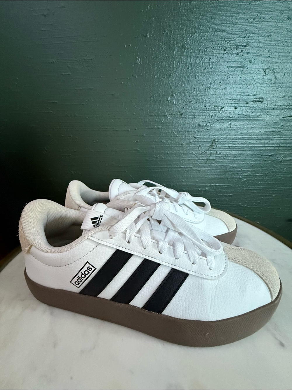 Adidas Kids White Sneakers with Black Stripes and Brown Sole 4.5